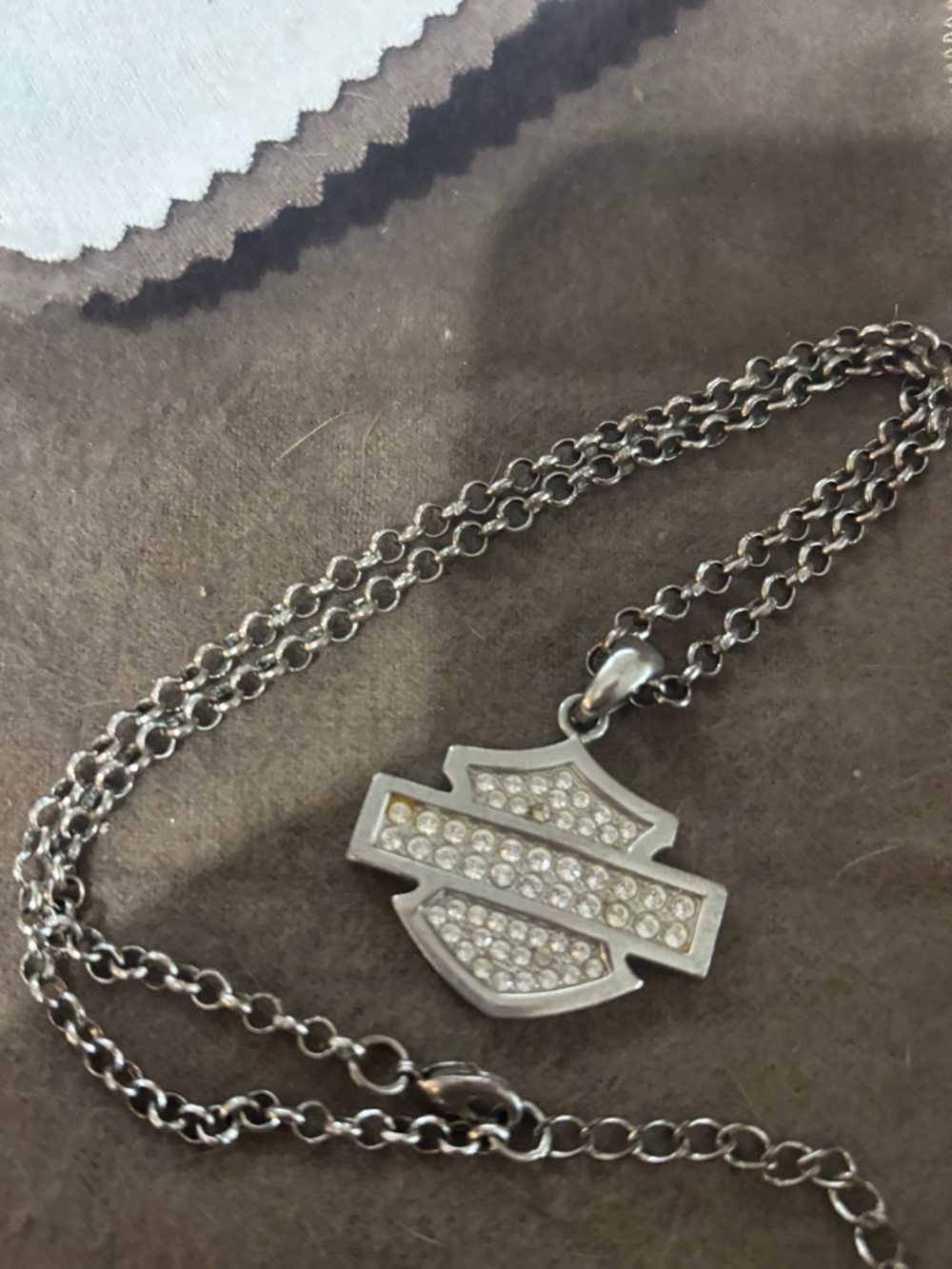 Harley Davidson Silver Tone Shield Pendant Necklace with Pave Crystals